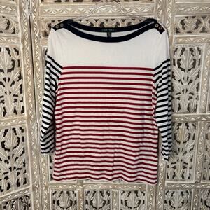 Lauren Ralph Lauren Top Red White Blue Stripe Nautical Coastal Gold Buttons-XL